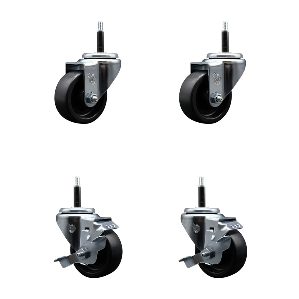 Polyolefin Swivel Expanding Stem Caster Wheels Set of 4 with 3 Inch Black Wheels and 3/4" Stems - Includes 2 Swivel with Top Lock Brakes and 2 Swivel– 1200 lbs. Total Capacity - Service Caster Brand — photo 1
