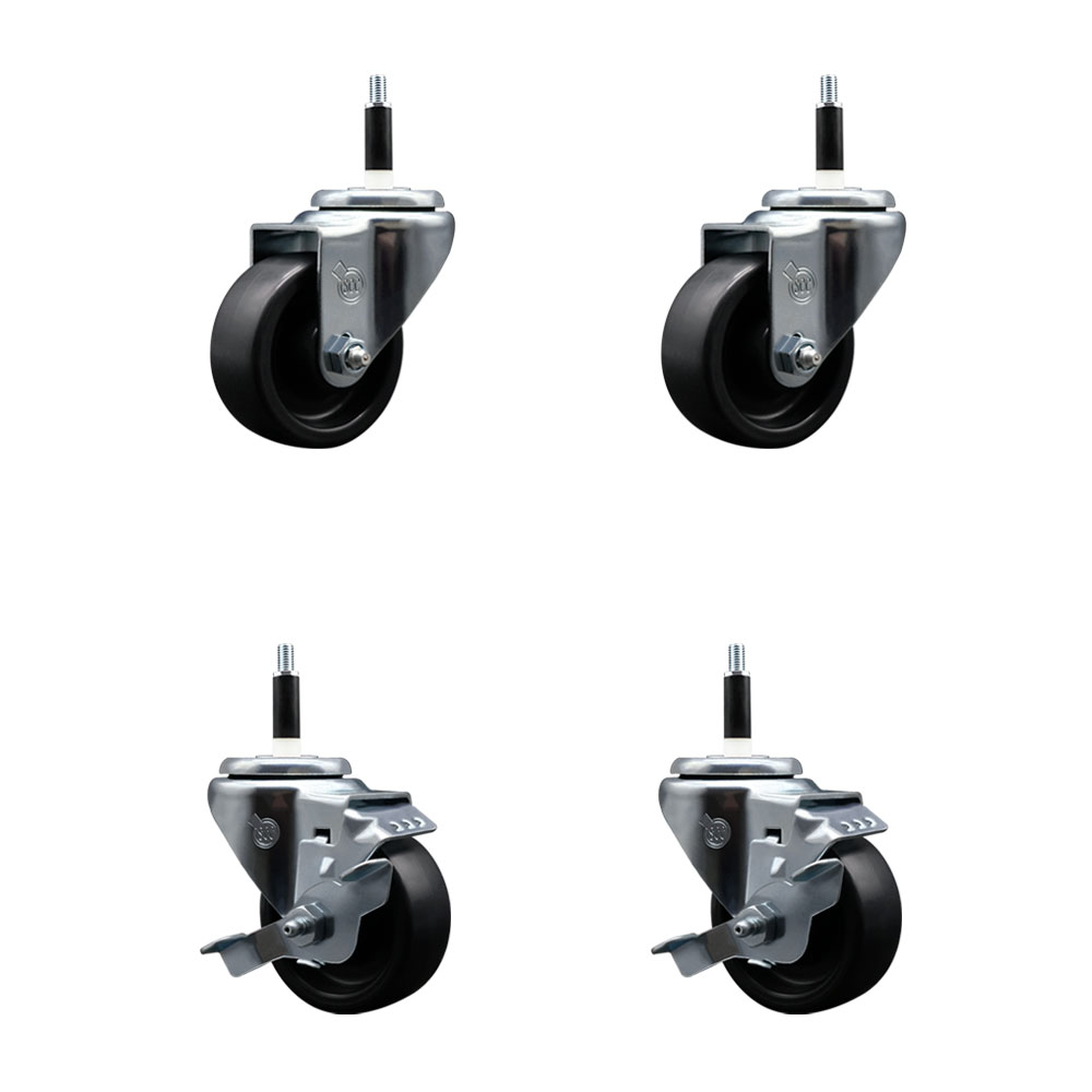 Polyolefin Swivel Expanding Stem Caster Wheels Set of 4 with 3 Inch Black Wheels and 7/8" Stems - Includes 2 Swivel with Top Lock Brakes and 2 Swivel– 1200 lbs. Total Capacity - Service Caster Brand — photo 1