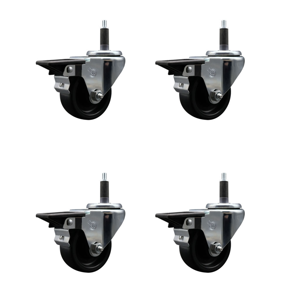 Polyolefin Swivel Expanding Stem Caster Wheels Set of 4 with 3 Inch Black Wheels and 1" Stems - Includes 4 Swivel with Posi Lock Brakes - 1200 lbs. Total Capacity - Service Caster Brand — photo 1