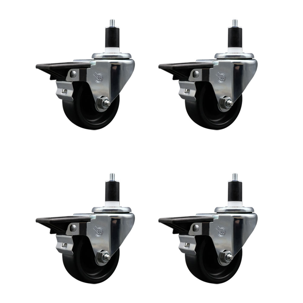 Polyolefin Swivel Expanding Stem Caster Wheels Set of 4 with 3 Inch Black Wheels and 1-1/2" Stems - Includes 4 Swivel with Posi Lock Brakes - 1200 lbs. Total Capacity - Service Caster Brand — photo 1