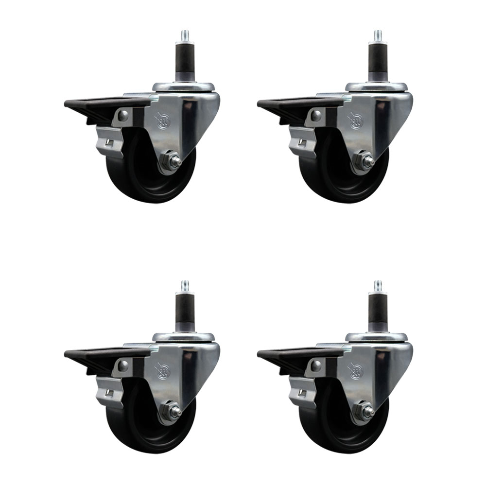Polyolefin Swivel Expanding Stem Caster Wheels Set of 4 with 3 Inch Black Wheels and 1-1/4" Stems - Includes 4 Swivel with Posi Lock Brakes - 1200 lbs. Total Capacity - Service Caster Brand — photo 1