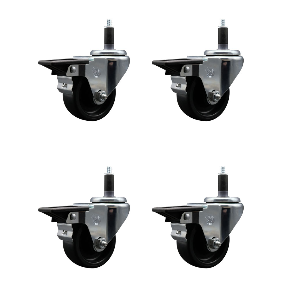 Polyolefin Swivel Expanding Stem Caster Wheels Set of 4 with 3 Inch Black Wheels and 1-1/8" Stems - Includes 4 Swivel with Posi Lock Brakes - 1200 lbs. Total Capacity - Service Caster Brand — photo 1