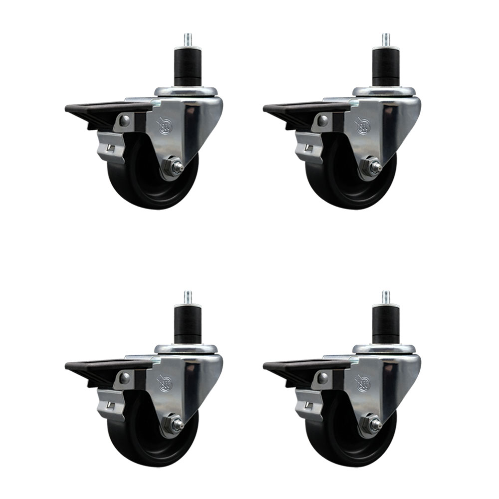 Polyolefin Swivel Expanding Stem Caster Wheels Set of 4 with 3 Inch Black Wheels and 1-3/4" Stems - Includes 4 Swivel with Posi Lock Brakes - 1200 lbs. Total Capacity - Service Caster Brand — photo 1