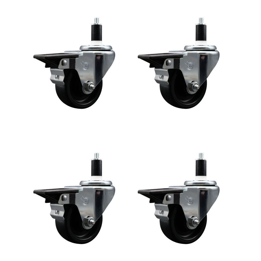 Polyolefin Swivel Expanding Stem Caster Wheels Set of 4 with 3 Inch Black Wheels and 1-3/8" Stems - Includes 4 Swivel with Posi Lock Brakes - 1200 lbs. Total Capacity - Service Caster Brand — photo 1