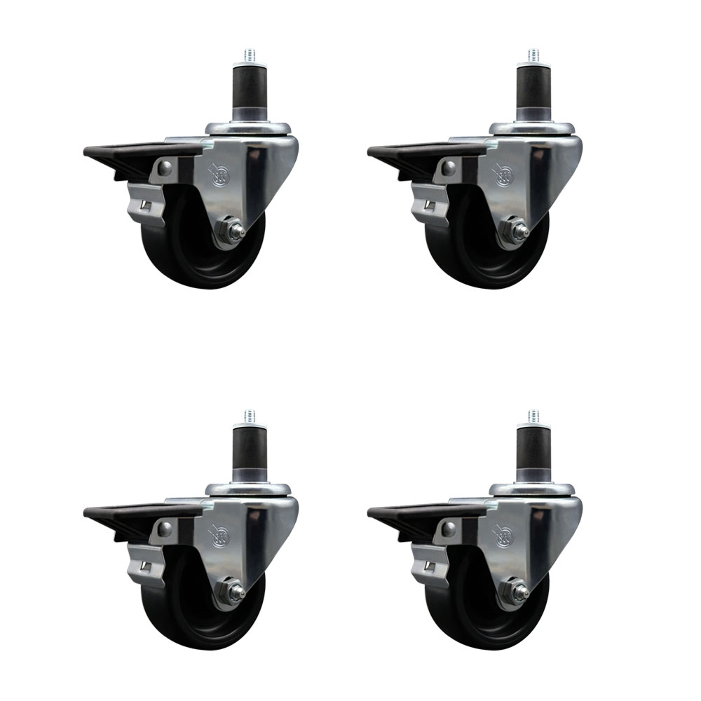 Polyolefin Swivel Expanding Stem Caster Wheels Set of 4 with 3 Inch Black Wheels and 1-5/8" Stems - Includes 4 Swivel with Posi Lock Brakes - 1200 lbs. Total Capacity - Service Caster Brand — photo 1