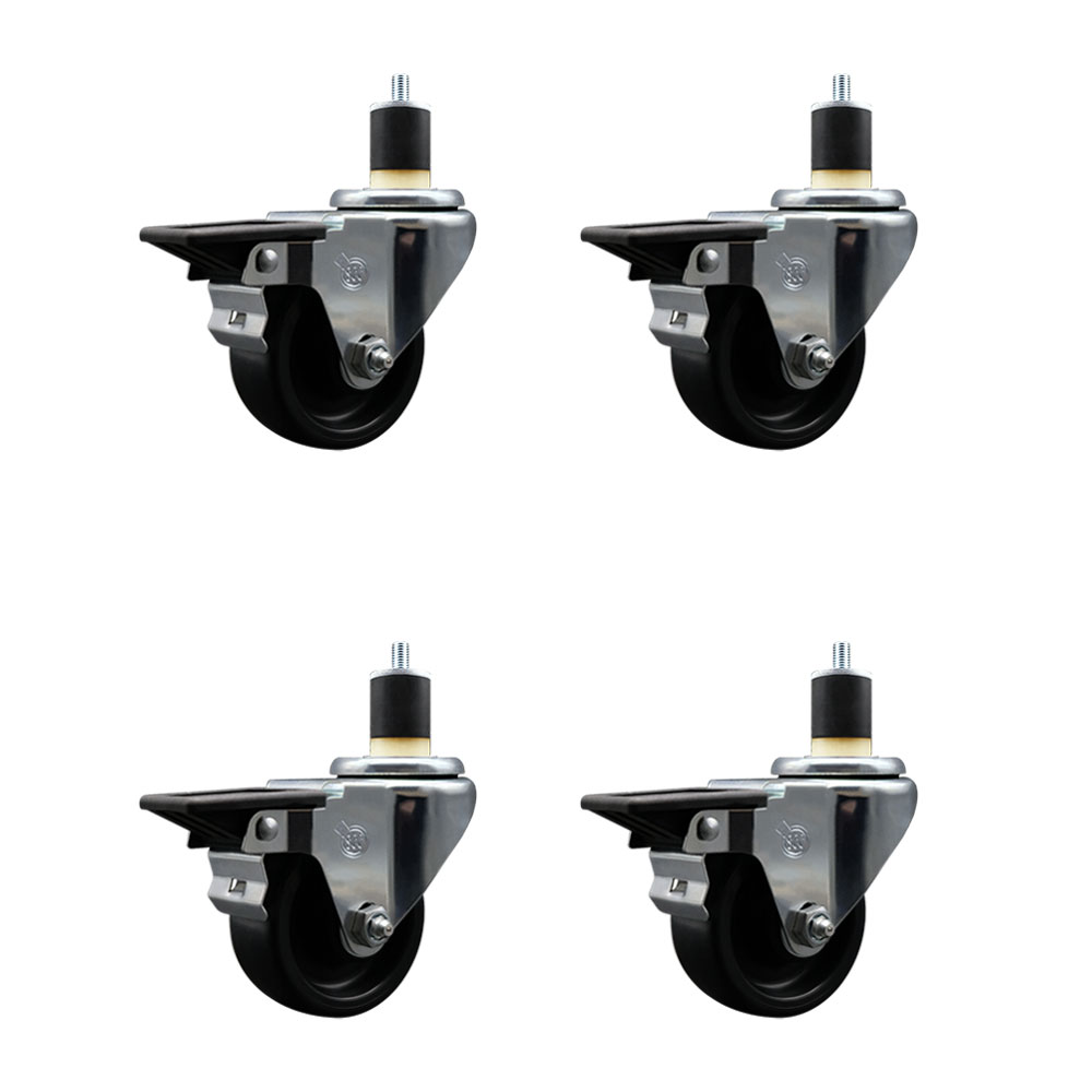 Polyolefin Swivel Expanding Stem Caster Wheels Set of 4 with 3 Inch Black Wheels and 1-7/8" Stems - Includes 4 Swivel with Posi Lock Brakes - 1200 lbs. Total Capacity - Service Caster Brand — photo 1