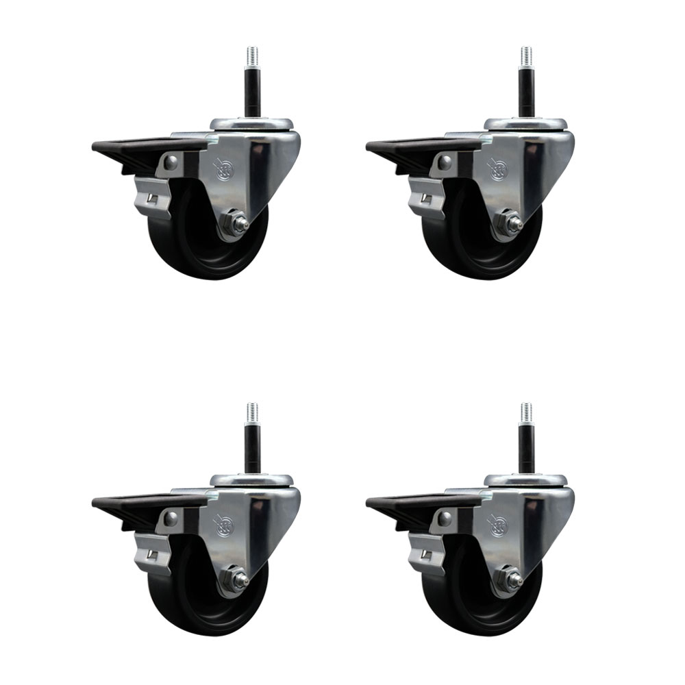 Polyolefin Swivel Expanding Stem Caster Wheels Set of 4 with 3 Inch Black Wheels and 3/4" Stems - Includes 4 Swivel with Posi Lock Brakes - 1200 lbs. Total Capacity - Service Caster Brand — photo 1