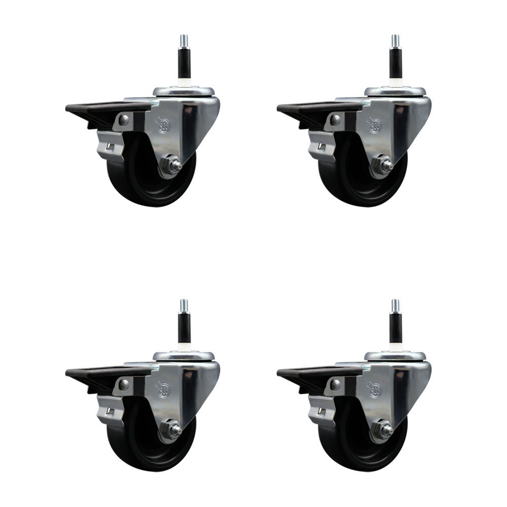 Polyolefin Swivel Expanding Stem Caster Wheels Set of 4 with 3 Inch Black Wheels and 7/8" Stems - Includes 4 Swivel with Posi Lock Brakes - 1200 lbs. Total Capacity - Service Caster Brand — photo 1
