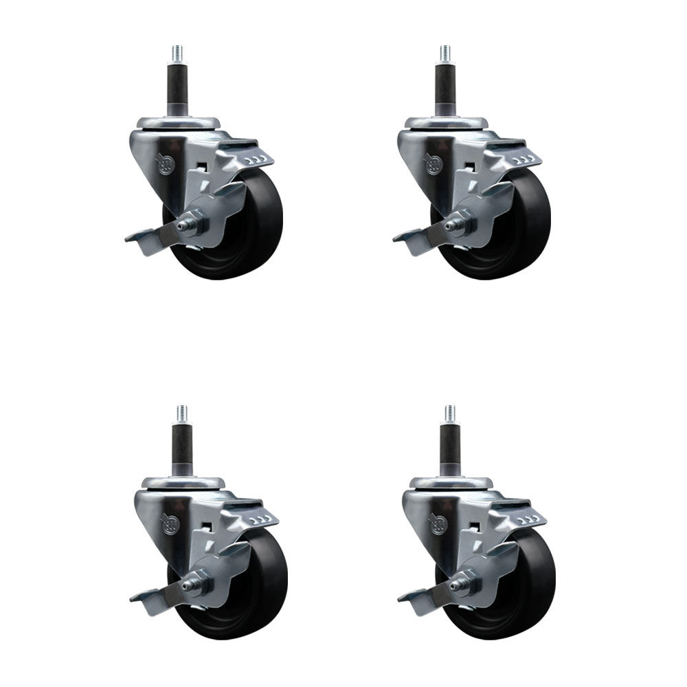 Polyolefin Swivel Expanding Stem Caster Wheels Set of 4 with 3 Inch Black Wheels and 1" Stems - Includes 4 Swivel with Top Lock Brakes - 1200 lbs. Total Capacity - Service Caster Brand — photo 1