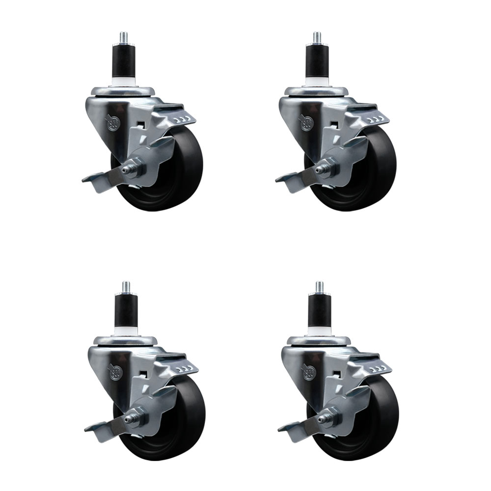 Polyolefin Swivel Expanding Stem Caster Wheels Set of 4 with 3 Inch Black Wheels and 1-1/2" Stems - Includes 4 Swivel with Top Lock Brakes - 1200 lbs. Total Capacity - Service Caster Brand — photo 1