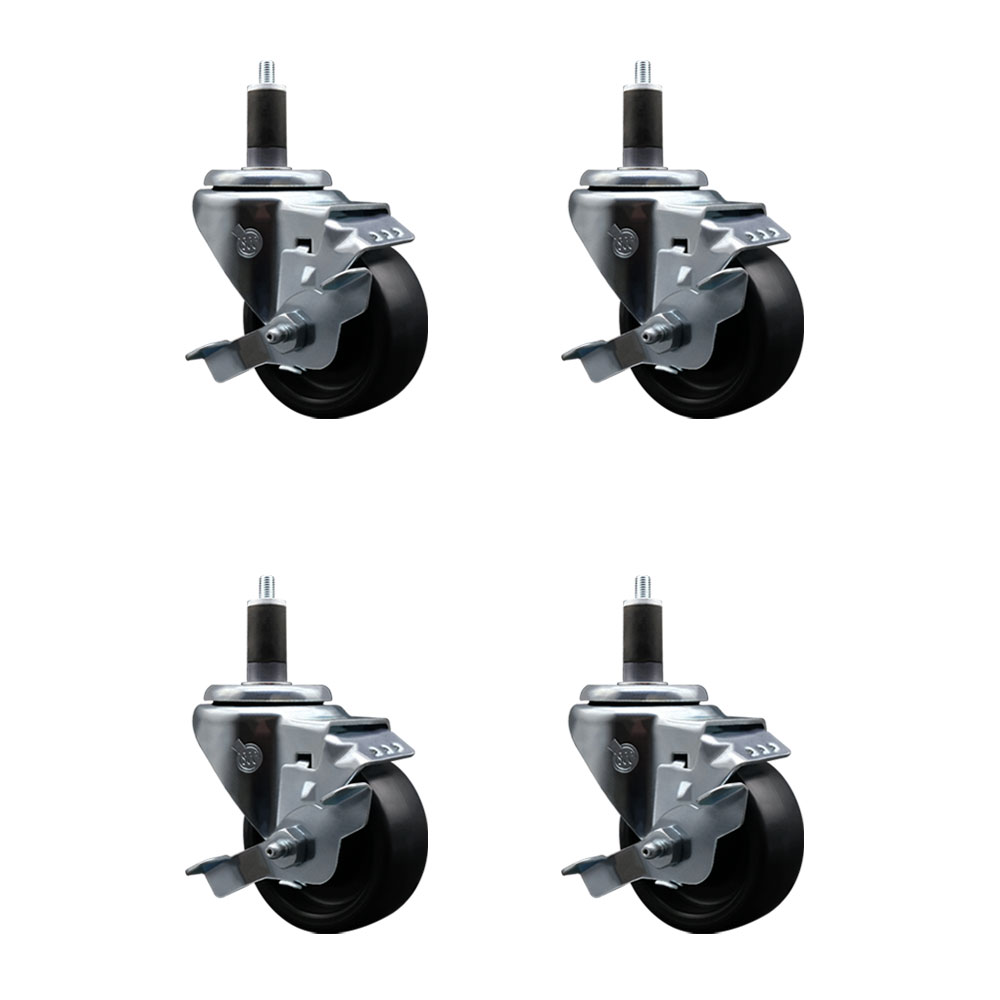Polyolefin Swivel Expanding Stem Caster Wheels Set of 4 with 3 Inch Black Wheels and 1-1/4" Stems - Includes 4 Swivel with Top Lock Brakes - 1200 lbs. Total Capacity - Service Caster Brand — photo 1
