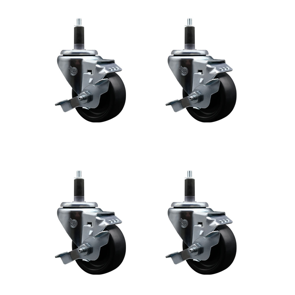 Polyolefin Swivel Expanding Stem Caster Wheels Set of 4 with 3 Inch Black Wheels and 1-1/8" Stems - Includes 4 Swivel with Top Lock Brakes - 1200 lbs. Total Capacity - Service Caster Brand — photo 1