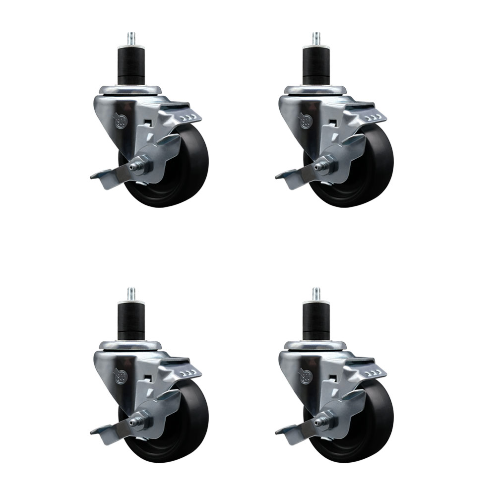 Polyolefin Swivel Expanding Stem Caster Wheels Set of 4 with 3 Inch Black Wheels and 1-3/4" Stems - Includes 4 Swivel with Top Lock Brakes - 1200 lbs. Total Capacity - Service Caster Brand — photo 1