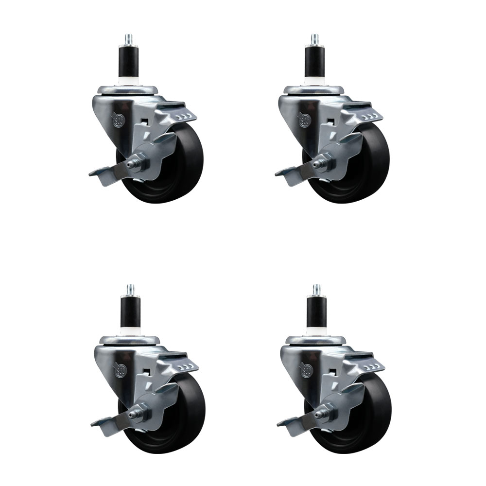 Polyolefin Swivel Expanding Stem Caster Wheels Set of 4 with 3 Inch Black Wheels and 1-3/8" Stems - Includes 4 Swivel with Top Lock Brakes - 1200 lbs. Total Capacity - Service Caster Brand — photo 1