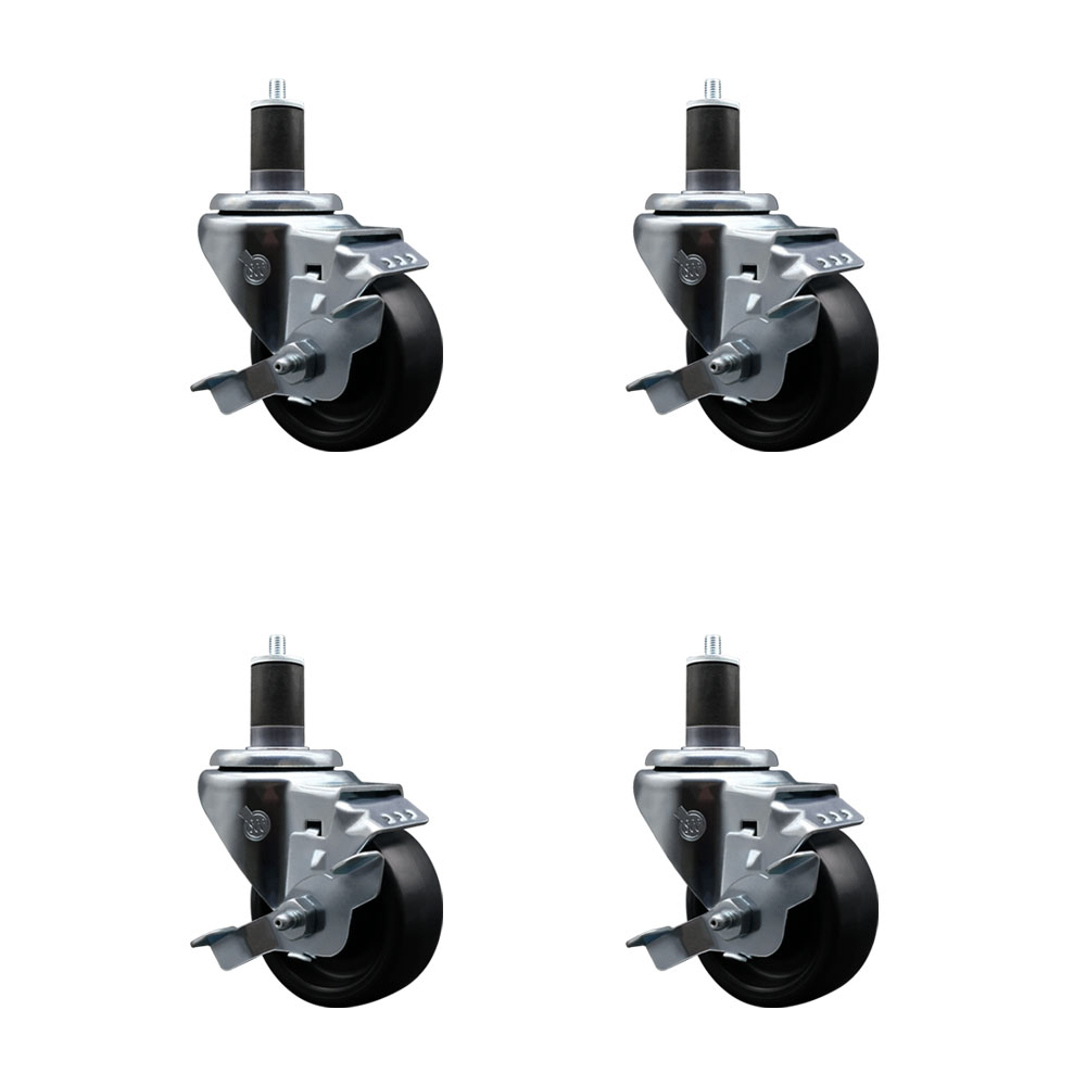 Polyolefin Swivel Expanding Stem Caster Wheels Set of 4 with 3 Inch Black Wheels and 1-5/8" Stems - Includes 4 Swivel with Top Lock Brakes - 1200 lbs. Total Capacity - Service Caster Brand — photo 1