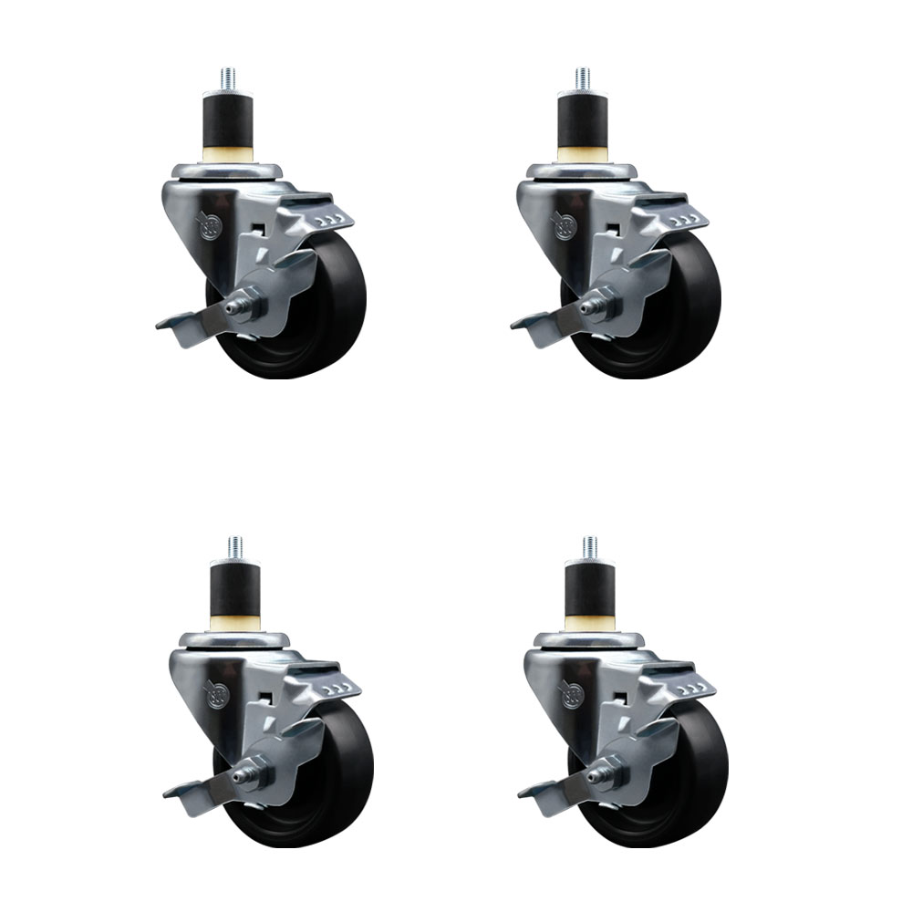 Polyolefin Swivel Expanding Stem Caster Wheels Set of 4 with 3 Inch Black Wheels and 1-7/8" Stems - Includes 4 Swivel with Top Lock Brakes - 1200 lbs. Total Capacity - Service Caster Brand — photo 1