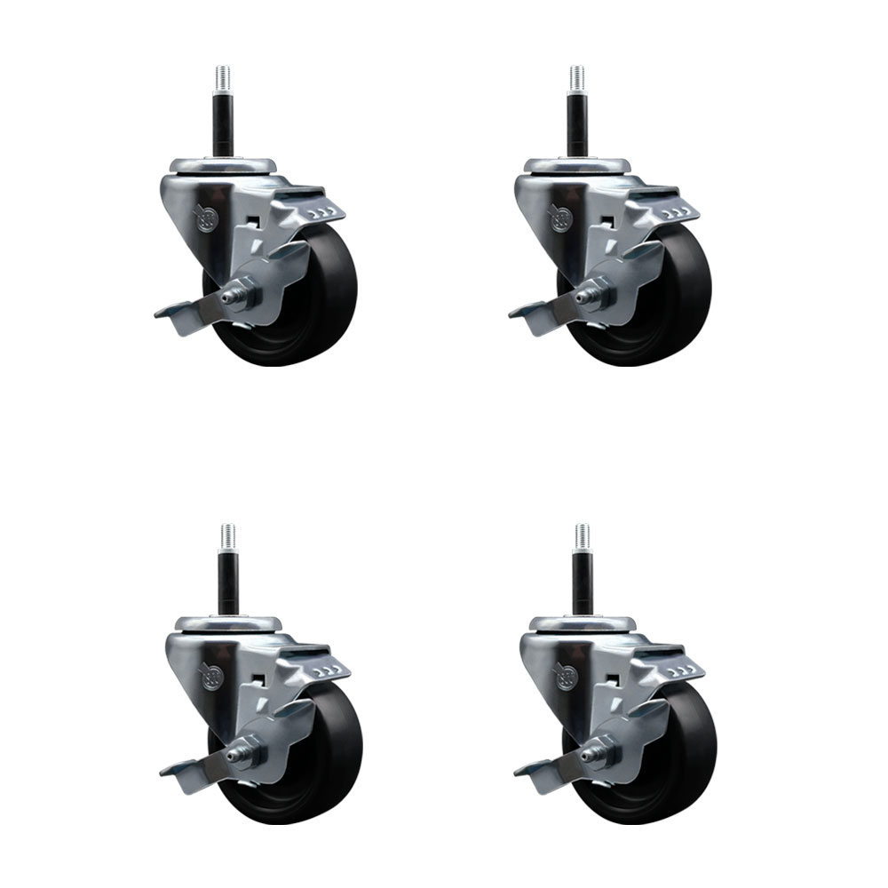 Polyolefin Swivel Expanding Stem Caster Wheels Set of 4 with 3 Inch Black Wheels and 3/4" Stems - Includes 4 Swivel with Top Lock Brakes - 1200 lbs. Total Capacity - Service Caster Brand — photo 1