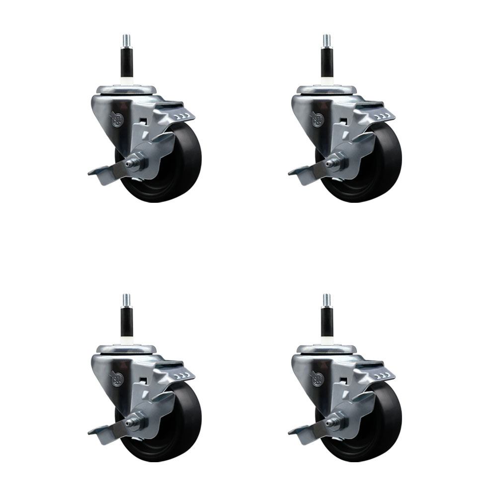 Polyolefin Swivel Expanding Stem Caster Wheels Set of 4 with 3 Inch Black Wheels and 7/8" Stems - Includes 4 Swivel with Top Lock Brakes - 1200 lbs. Total Capacity - Service Caster Brand — photo 1