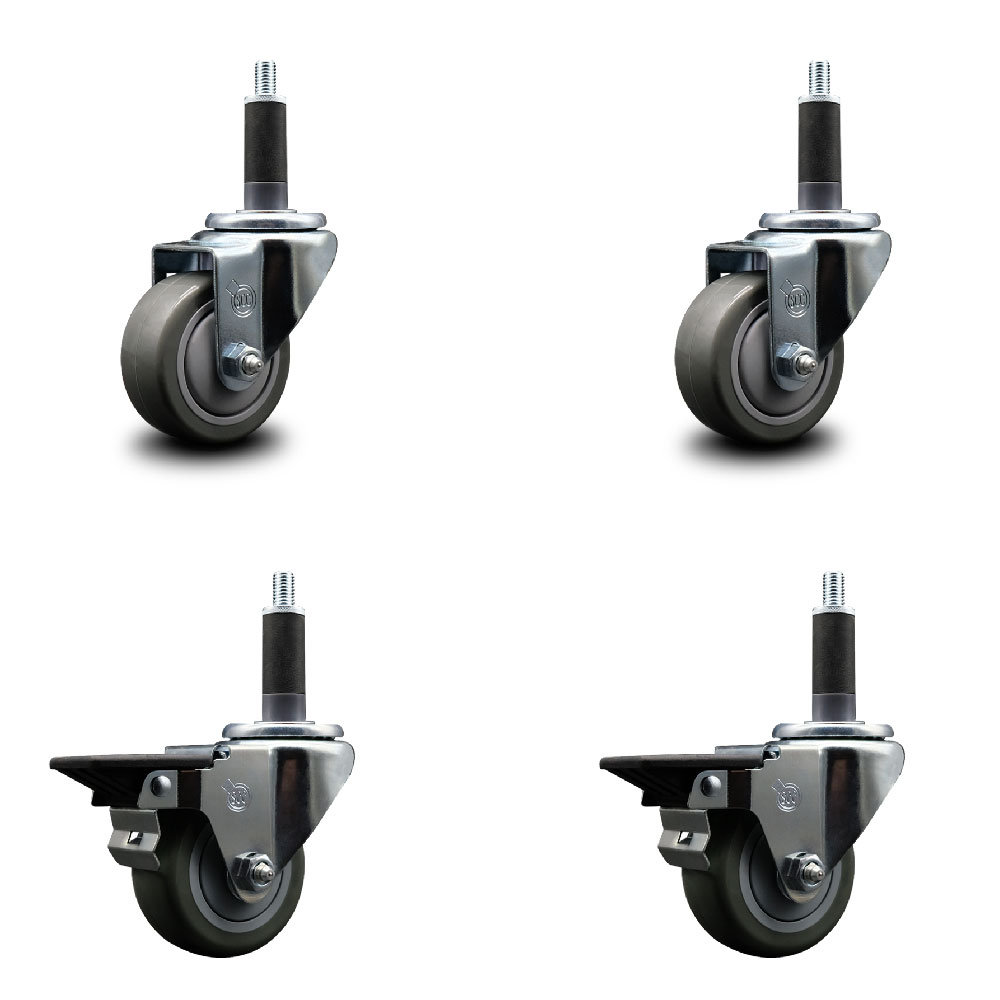 Polyurethane Swivel Expanding Stem Caster Set of 4 with 3 Inch Gray Wheels and 1" Stems - Includes 2 with Posi Locking Brakes - 1200 lbs Total Capacity - Service Caster Brand — photo 1