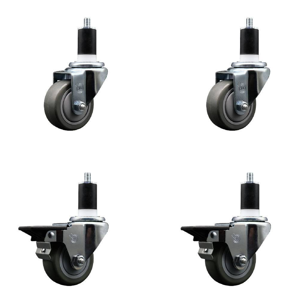Polyurethane Swivel Expanding Stem Caster Set of 4 with 3 Inch Gray Wheels and 1-1/2" Stems - Includes 2 with Posi Locking Brakes - 1200 lbs Total Capacity - Service Caster Brand — photo 1