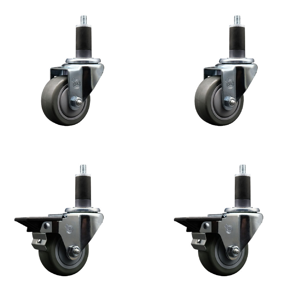 Polyurethane Swivel Expanding Stem Caster Set of 4 with 3 Inch Gray Wheels and 1-1/4" Stems - Includes 2 with Posi Locking Brakes - 1200 lbs Total Capacity - Service Caster Brand — photo 1