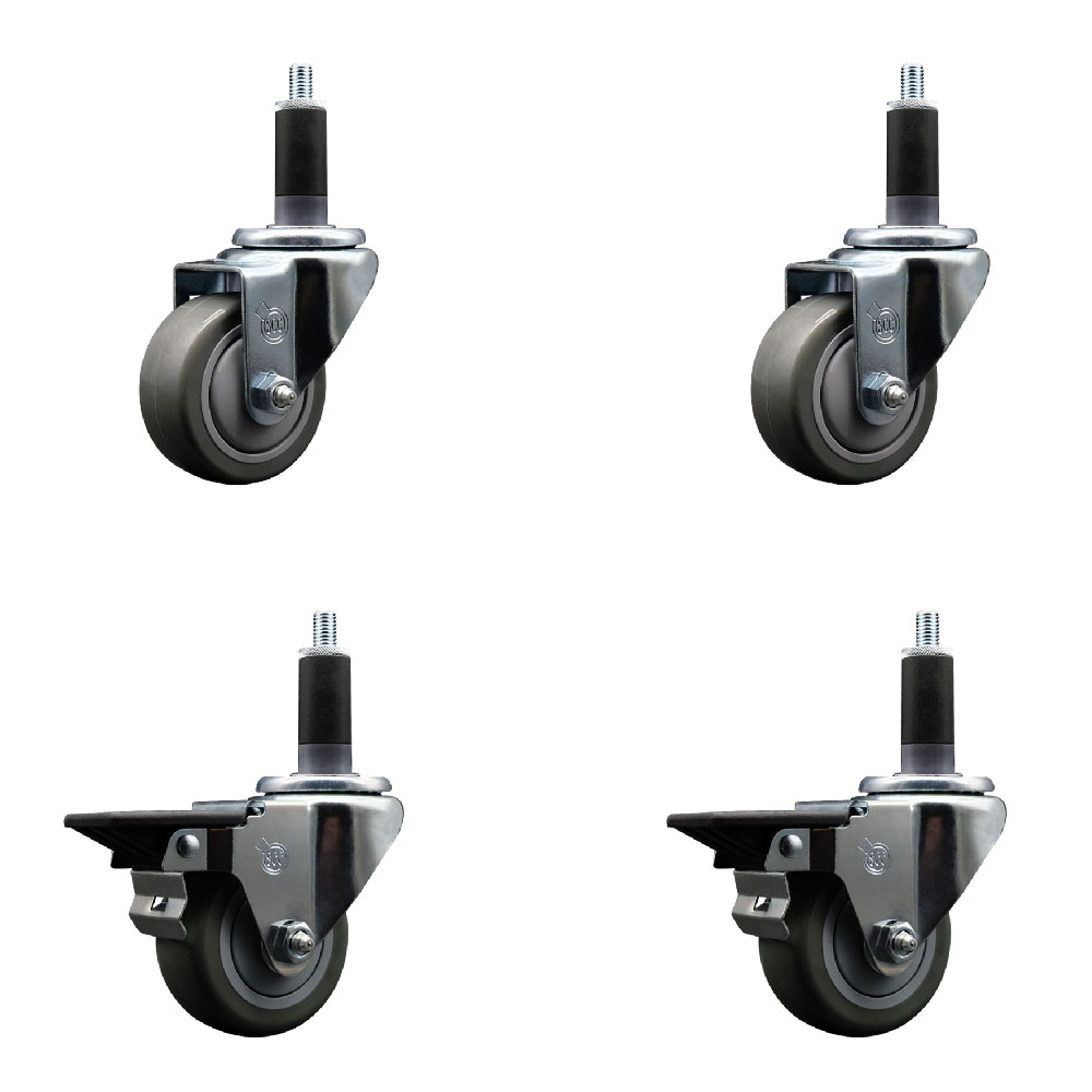 Polyurethane Swivel Expanding Stem Caster Set of 4 with 3 Inch Gray Wheels and 1-1/8" Stems - Includes 2 with Posi Locking Brakes - 1200 lbs Total Capacity - Service Caster Brand — photo 1