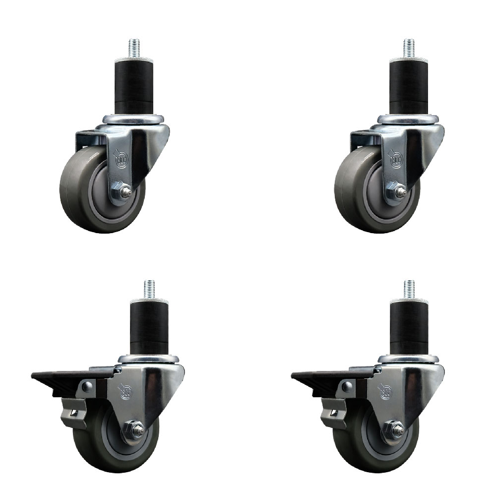 Polyurethane Swivel Expanding Stem Caster Set of 4 with 3 Inch Gray Wheels and 1-3/4" Stems - Includes 2 with Posi Locking Brakes - 1200 lbs Total Capacity - Service Caster Brand — photo 1