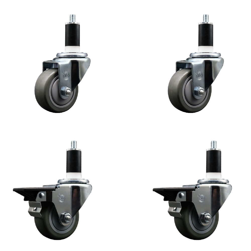 Polyurethane Swivel Expanding Stem Caster Set of 4 with 3 Inch Gray Wheels and 1-3/8" Stems - Includes 2 with Posi Locking Brakes - 1200 lbs Total Capacity - Service Caster Brand — photo 1