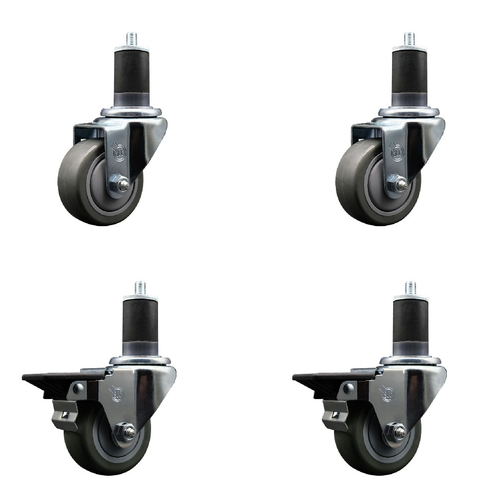 Polyurethane Swivel Expanding Stem Caster Set of 4 with 3 Inch Gray Wheels and 1-5/8" Stems - Includes 2 with Posi Locking Brakes - 1200 lbs Total Capacity - Service Caster Brand — photo 1