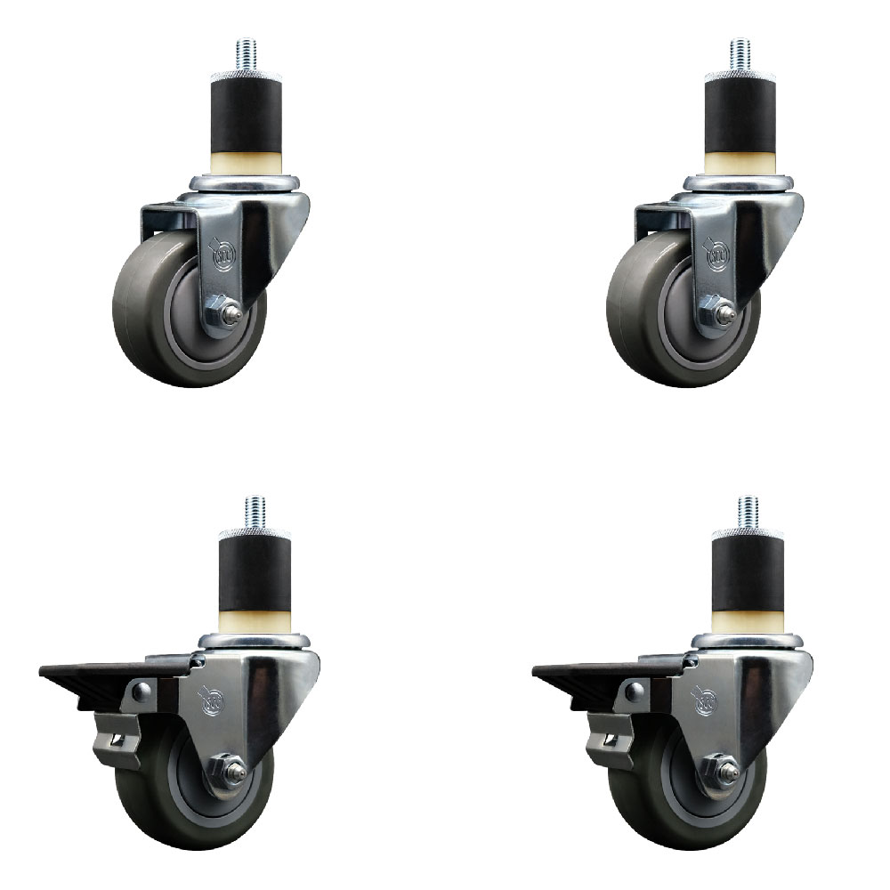 Polyurethane Swivel Expanding Stem Caster Set of 4 with 3 Inch Gray Wheels and 1-7/8" Stems - Includes 2 with Posi Locking Brakes - 1200 lbs Total Capacity - Service Caster Brand — photo 1