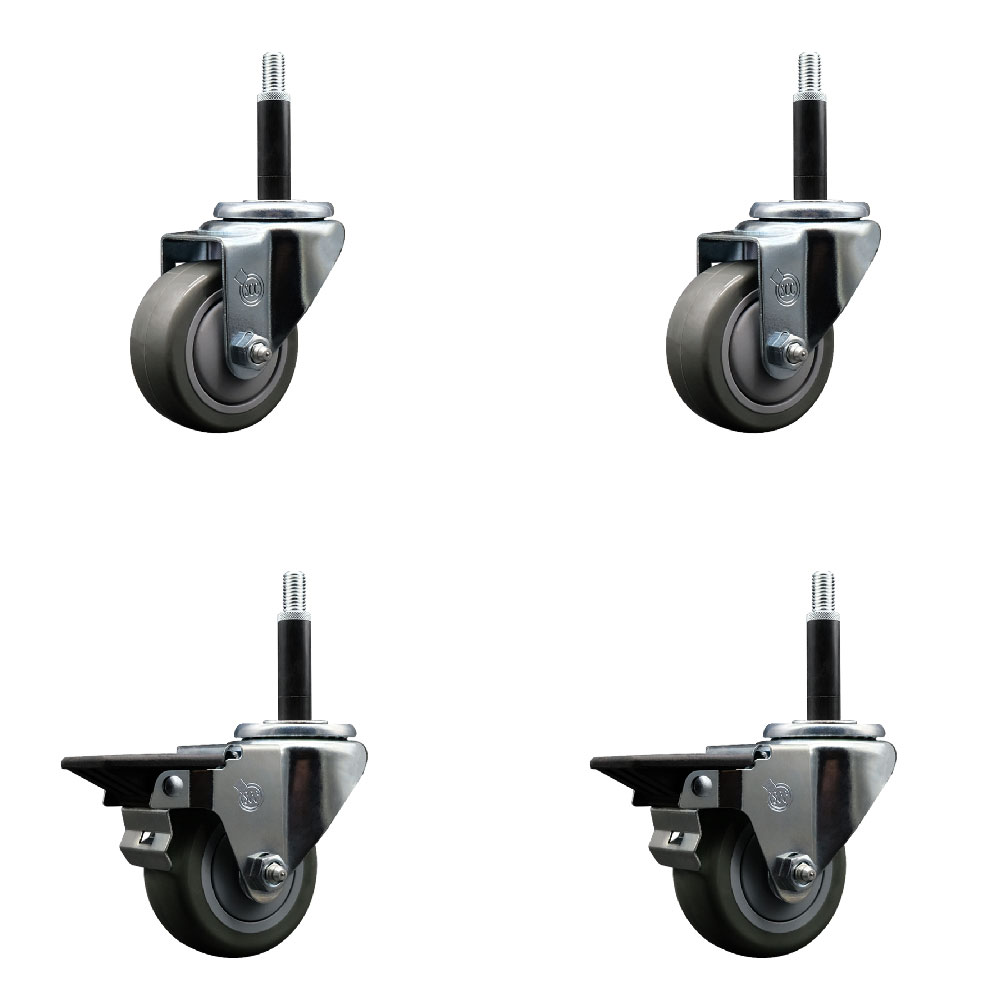 Polyurethane Swivel Expanding Stem Caster Set of 4 with 3 Inch Gray Wheels and 3/4" Stems - Includes 2 with Posi Locking Brakes - 1200 lbs Total Capacity - Service Caster Brand — photo 1