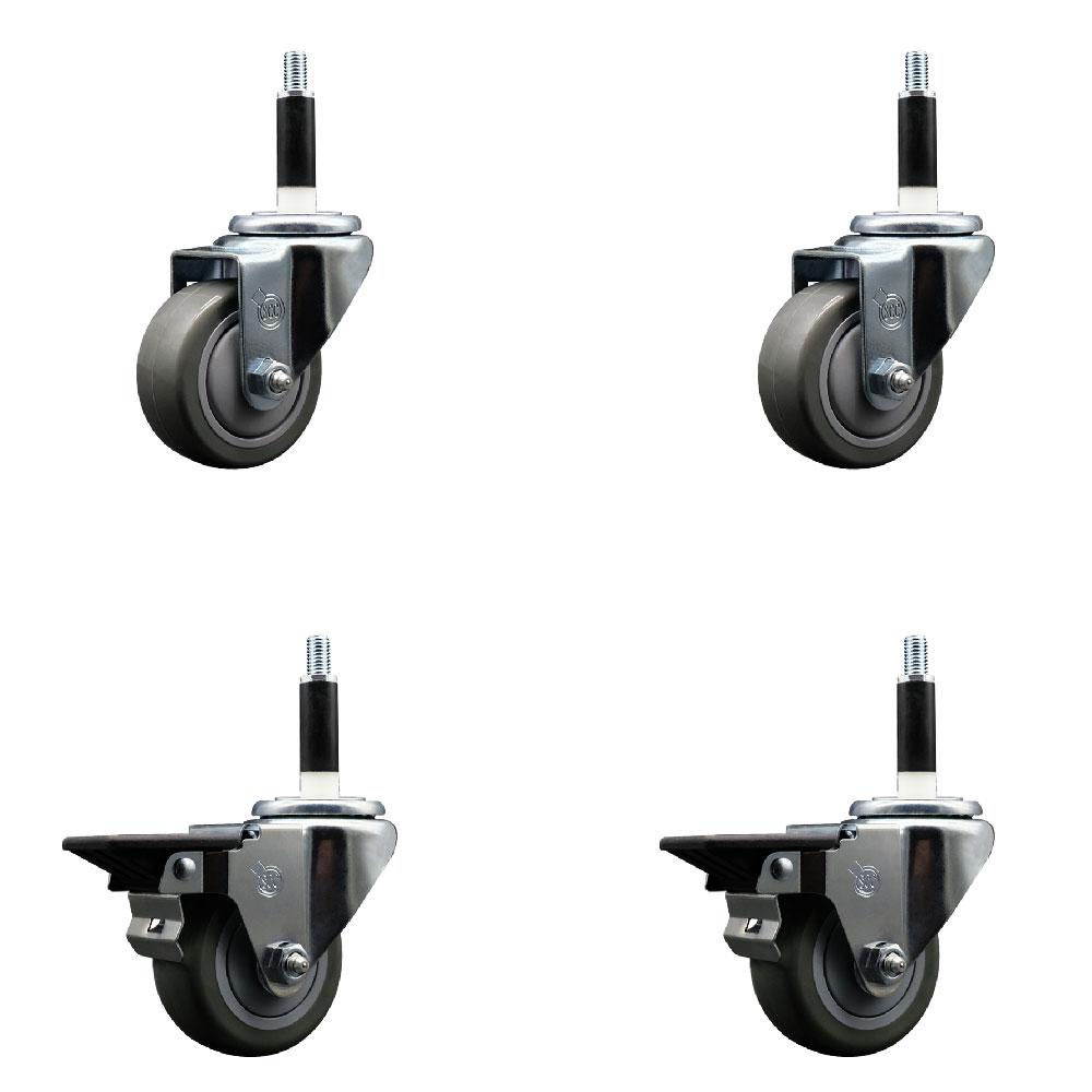 Polyurethane Swivel Expanding Stem Caster Set of 4 with 3 Inch Gray Wheels and 7/8" Stems - Includes 2 with Posi Locking Brakes - 1200 lbs Total Capacity - Service Caster Brand — photo 1