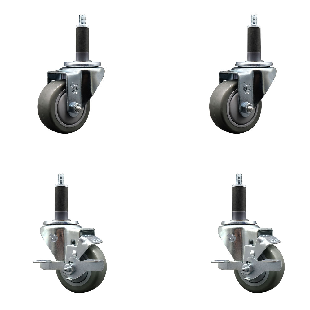 Stainless Steel Polyurethane Swivel Expanding Stem Caster Set of 4 with 3 Inch Gray Wheels and 1" Stems - Includes 2 with Top Locking Brakes - 1200 lbs Total Capacity - Service Caster Brand — photo 1