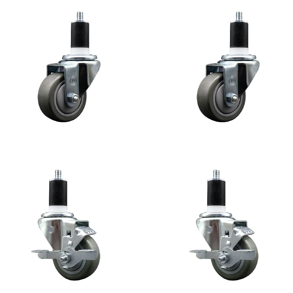 Stainless Steel Polyurethane Swivel Expanding Stem Caster Set of 4 with 3 Inch Gray Wheels and 1-1/2" Stems - Includes 2 with Top Locking Brakes - 1200 lbs Total Capacity - Service Caster Brand — photo 1