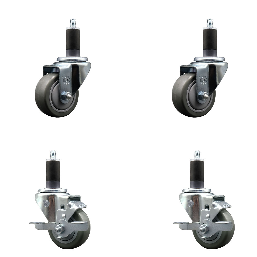 Polyurethane Swivel Expanding Stem Caster Set of 4 with 3 Inch Gray Wheels and 1-1/4" Stems - Includes 2 with Top Locking Brakes - 1200 lbs Total Capacity - Service Caster Brand — photo 1