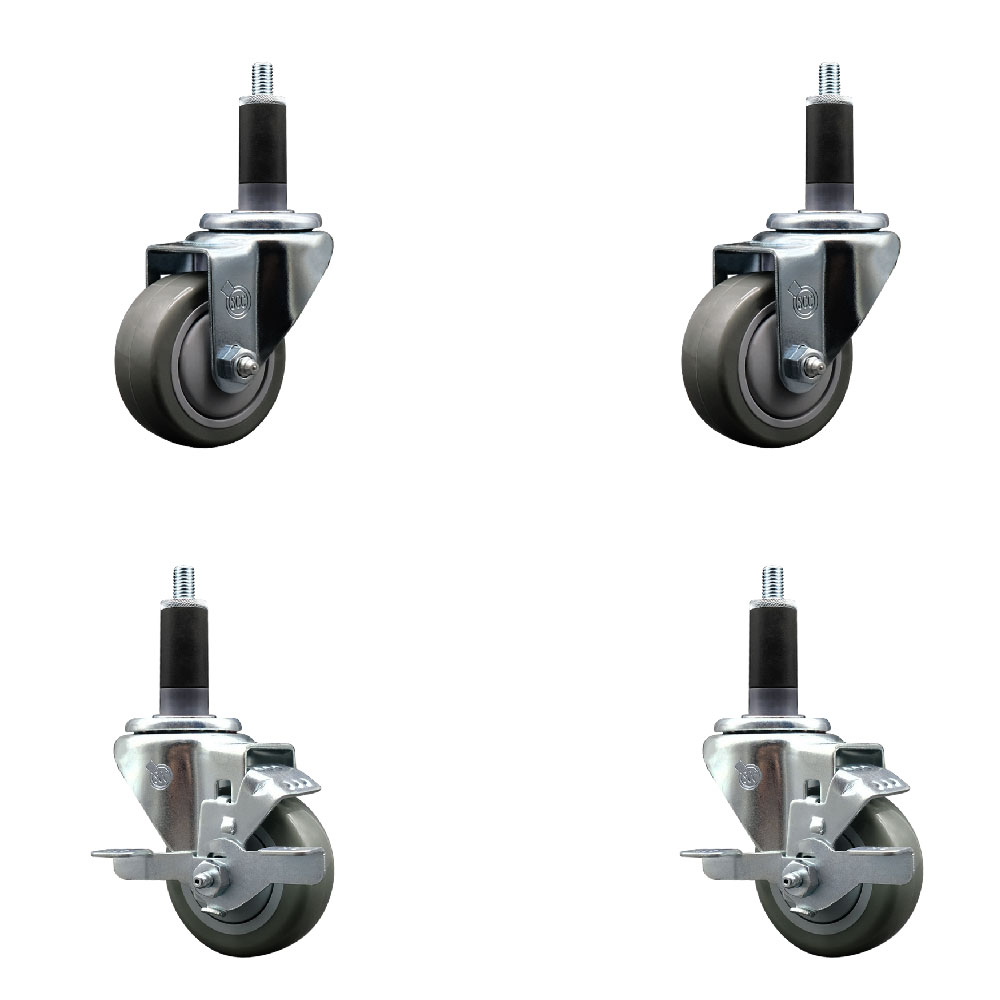 Polyurethane Swivel Expanding Stem Caster Set of 4 with 3 Inch Gray Wheels and 1-1/8" Stems - Includes 2 with Top Locking Brakes - 1200 lbs Total Capacity - Service Caster Brand — photo 1