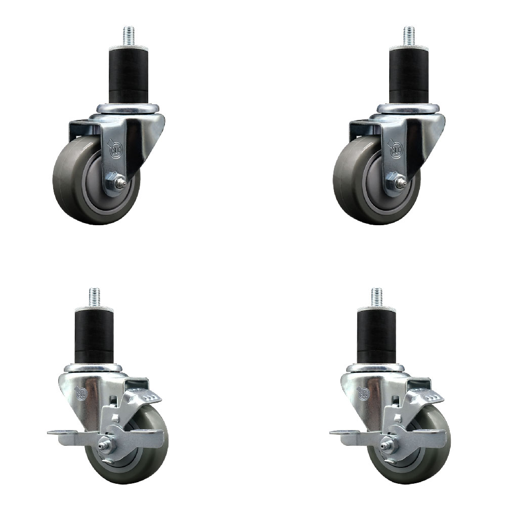 Polyurethane Swivel Expanding Stem Caster Set of 4 with 3 Inch Gray Wheels and 1-3/4" Stems - Includes 2 with Top Locking Brakes - 1200 lbs Total Capacity - Service Caster Brand — photo 1