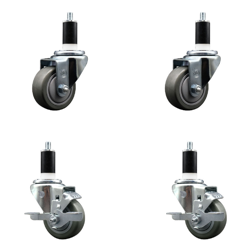 Stainless Steel Polyurethane Swivel Expanding Stem Caster Set of 4 with 3 Inch Gray Wheels and 1-3/8" Stems - Includes 2 with Top Locking Brakes - 1200 lbs Total Capacity - Service Caster Brand — photo 1