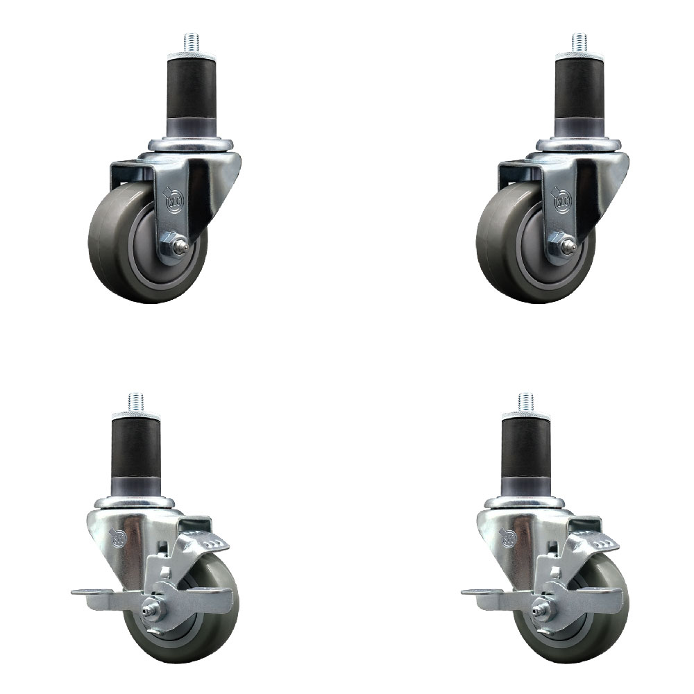 Stainless Steel Polyurethane Swivel Expanding Stem Caster Set of 4 with 3 Inch Gray Wheels and 1-5/8" Stems - Includes 2 with Top Locking Brakes - 1200 lbs Total Capacity - Service Caster Brand — photo 1