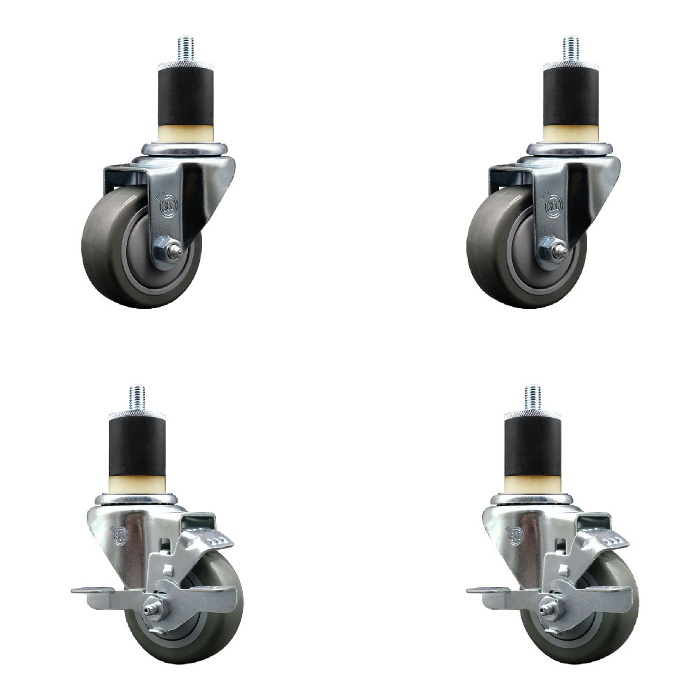 Polyurethane Swivel Expanding Stem Caster Set of 4 with 3 Inch Gray Wheels and 1-7/8" Stems - Includes 2 with Top Locking Brakes - 1200 lbs Total Capacity - Service Caster Brand — photo 1