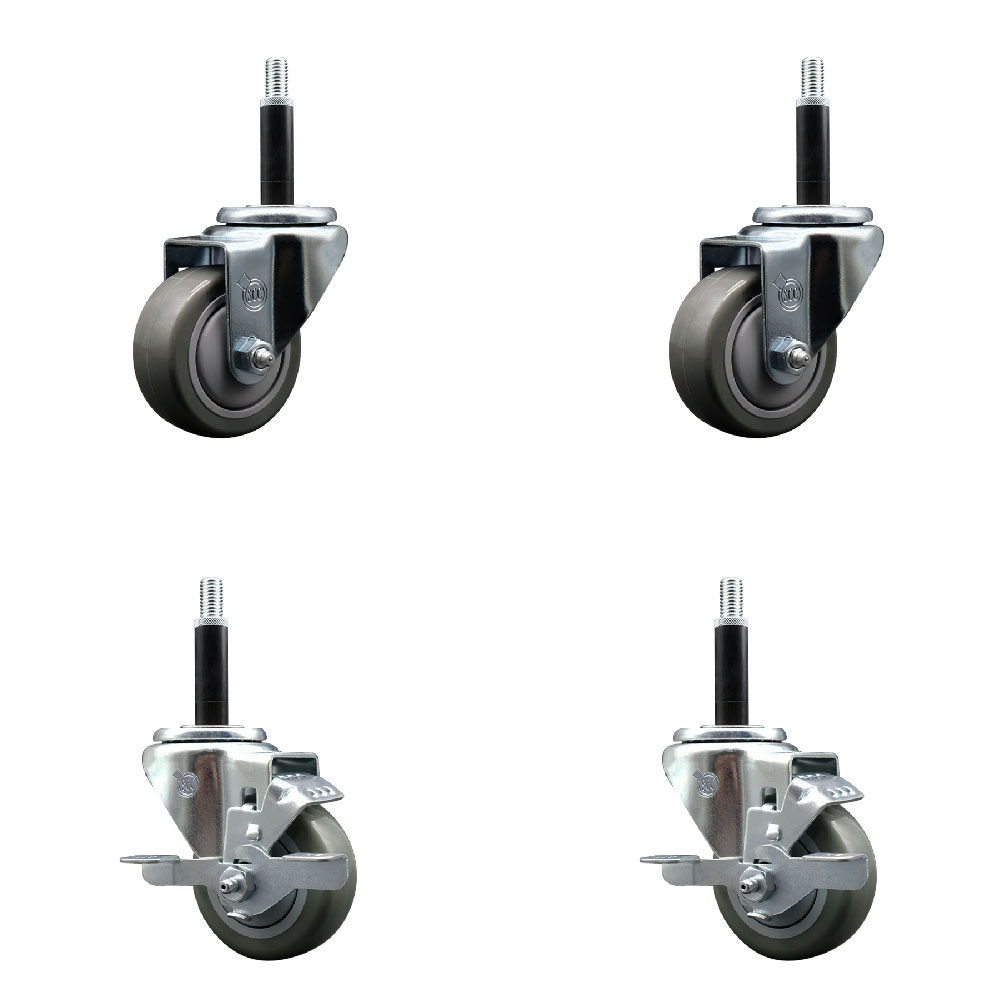 Stainless Steel Polyurethane Swivel Expanding Stem Caster Set of 4 with 3 Inch Gray Wheels and 3/4" Stems - Includes 2 with Top Locking Brakes - 1200 lbs Total Capacity - Service Caster Brand — photo 1