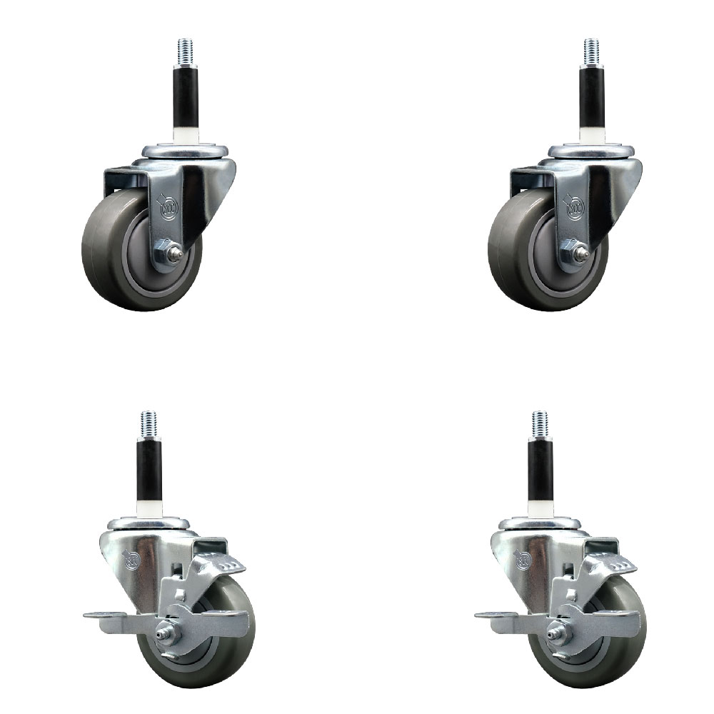 Polyurethane Swivel Expanding Stem Caster Set of 4 with 3 Inch Gray Wheels and 7/8" Stems - Includes 2 with Top Locking Brakes - 1200 lbs Total Capacity - Service Caster Brand — photo 1