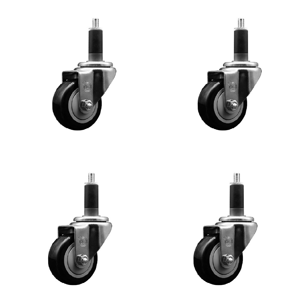 Stainless Steel Polyurethane Swivel Expanding Stem Caster Set of 4 with 3 Inch Black Wheels and 1-1/8" Stems - Includes 4 Swivel - 300 lbs. Capacity Per Caster - Service Caster Brand — photo 1