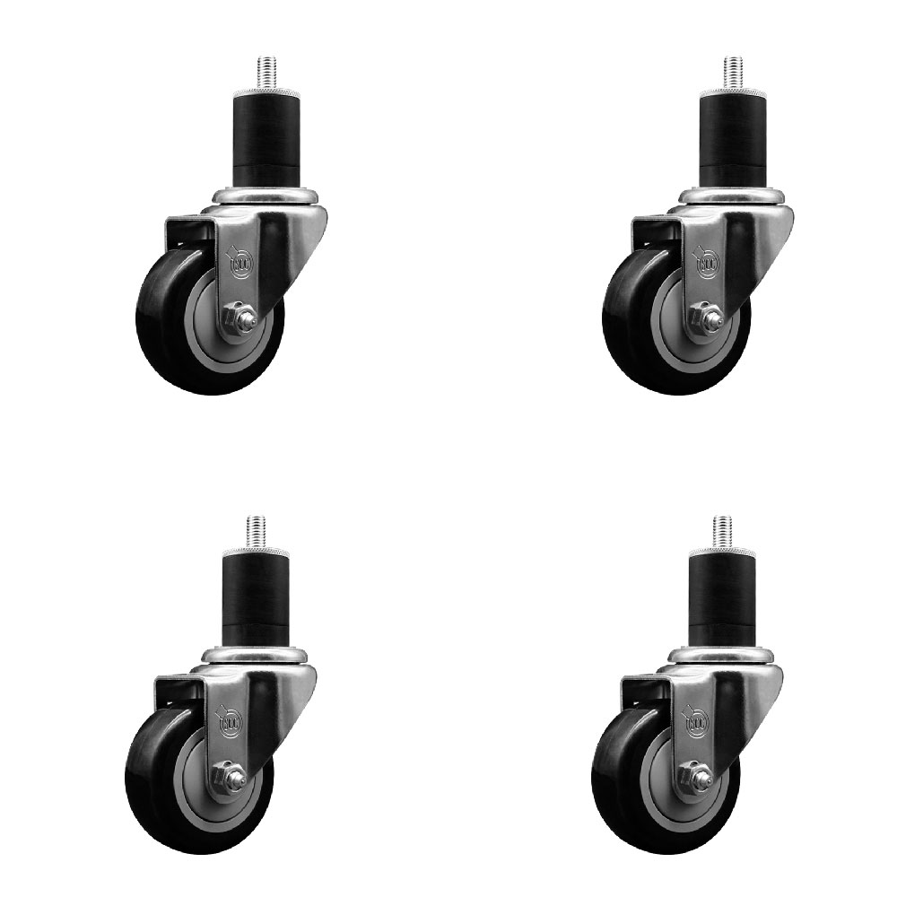 Polyurethane Swivel Expanding Stem Caster Set of 4 with 3 Inch Black Wheels and 1-3/4" Stems - 300 lbs. Capacity Per Caster - Service Caster Brand — photo 1