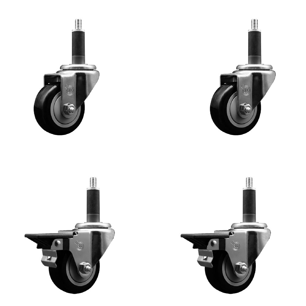 Polyurethane Swivel Expanding Stem Caster Set of 4 with 3 Inch Black Wheels and 1" Stems - Includes 2 with Posi Locking Brakes - 1200 lbs Total Capacity - Service Caster Brand — photo 1