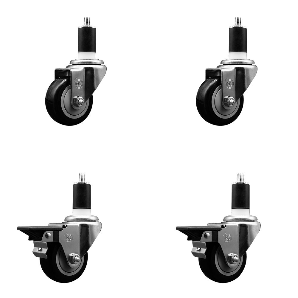Polyurethane Swivel Expanding Stem Caster Set of 4 with 3 Inch Black Wheels and 1-1/2" Stems - Includes 2 with Posi Locking Brakes - 1200 lbs Total Capacity - Service Caster Brand — photo 1