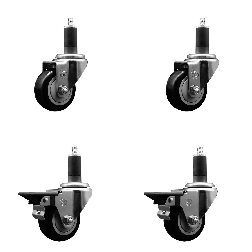 Polyurethane Swivel Expanding Stem Caster Set of 4 with 3 Inch Black Wheels and 1-1/4" Stems - Includes 2 with Posi Locking Brakes - 1200 lbs Total Capacity - Service Caster Brand — photo 1