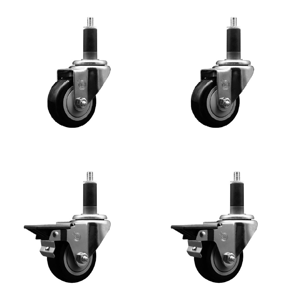Polyurethane Swivel Expanding Stem Caster Set of 4 with 3 Inch Black Wheels and 1-1/8" Stems - Includes 2 with Posi Locking Brakes - 1200 lbs Total Capacity - Service Caster Brand — photo 1