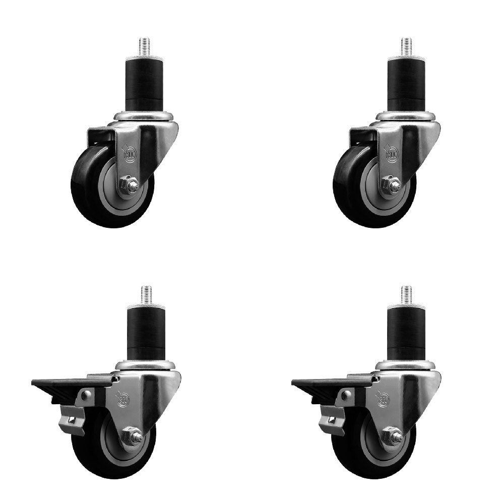 Polyurethane Swivel Expanding Stem Caster Set of 4 with 3 Inch Black Wheels and 1-3/4" Stems - Includes 2 with Posi Locking Brakes - 1200 lbs Total Capacity - Service Caster Brand — photo 1