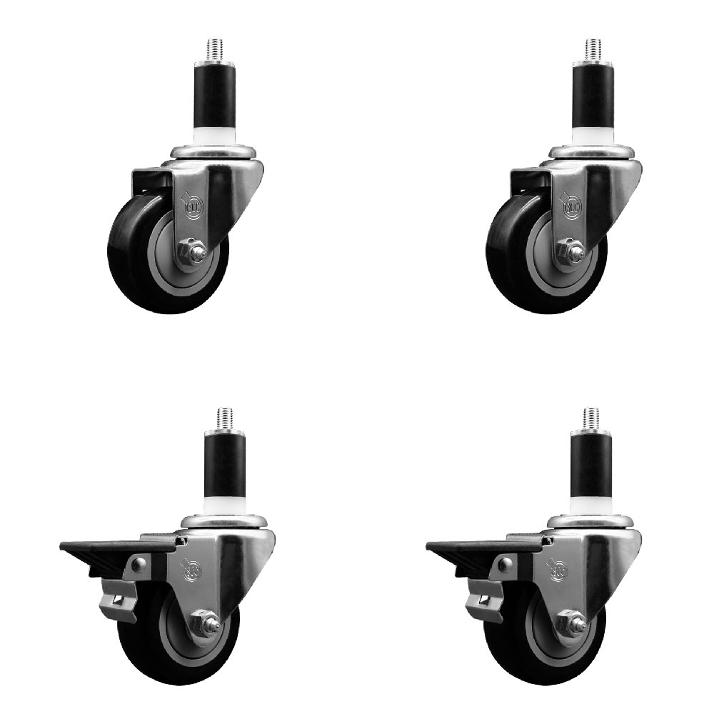Polyurethane Swivel Expanding Stem Caster Set of 4 with 3 Inch Black Wheels and 1-3/8" Stems - Includes 2 with Posi Locking Brakes - 1200 lbs Total Capacity - Service Caster Brand — photo 1